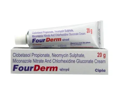 FourDerm 肤得美 复方乳膏 速效抗炎、抗真菌、抗细菌 FourDerm Cream (Clobetasol + Neomycin + Miconazole + Chlorhexidine) 皮肤护理药物 印度仿制药包装 FourDerm 肤得美 复方乳膏 速效抗炎、抗真菌、抗细菌 FourDerm Cream (Clobetasol + Neomycin + Miconazole + Chlorhexidine) 皮肤护理药物 印度仿制药包装